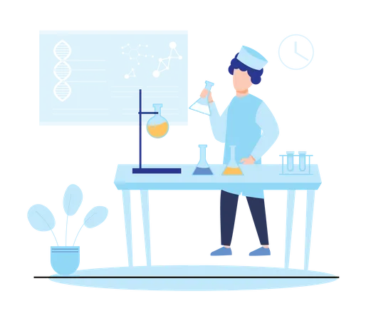 Experimento de cientista químico em laboratório de ciências  Ilustração