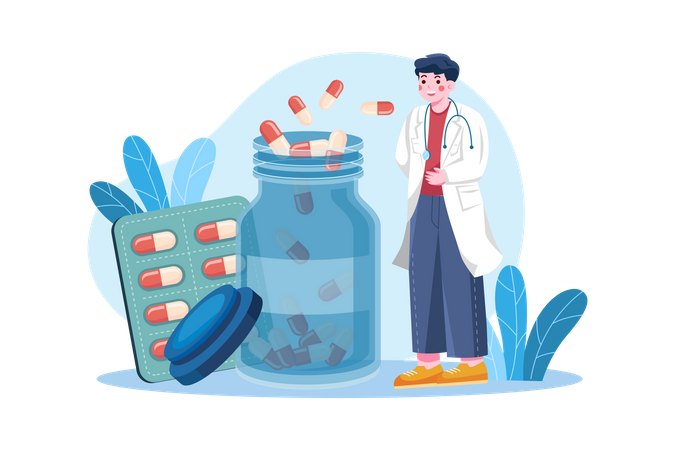 Químico con frasco de pastillas  Ilustración