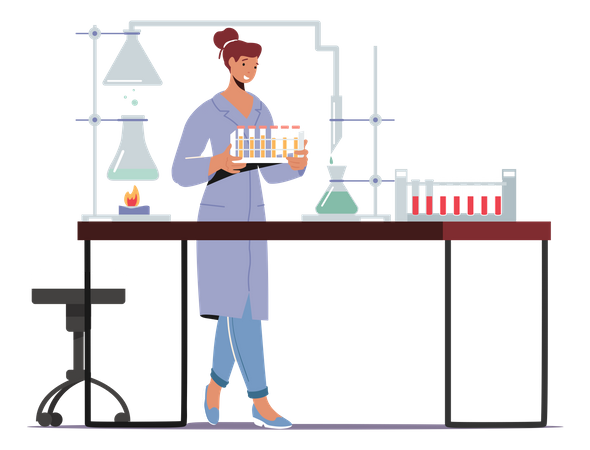 Químico en bata de laboratorio realizando experimentos e investigaciones científicas en el laboratorio  Ilustración