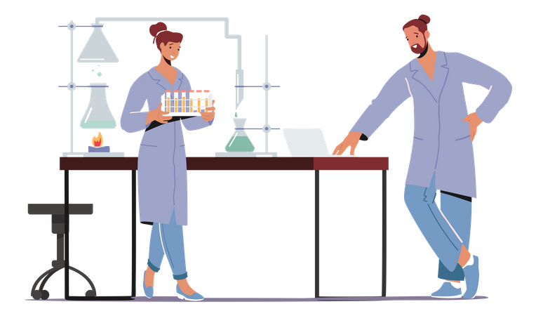 Químicos conduzindo experimentos e pesquisas científicas em laboratório  Ilustração