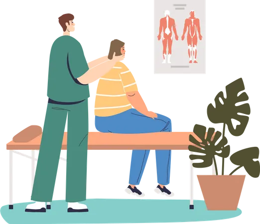 Quiroprático masculino faz massagem de reabilitação do pescoço para paciente do sexo feminino  Ilustração