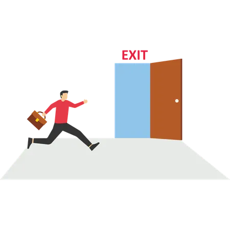 Quit Routine Job Businessman Worker In Suit Running In Hurry To Emergency Door With The Sign Exit Illustration