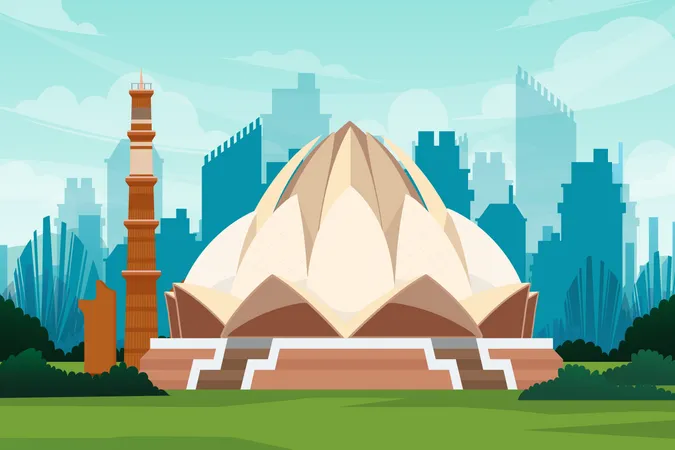 Qutub Minar and Lotus Temple in india  Illustration