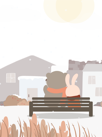 Rabbit and bear sitting together in park  Illustration