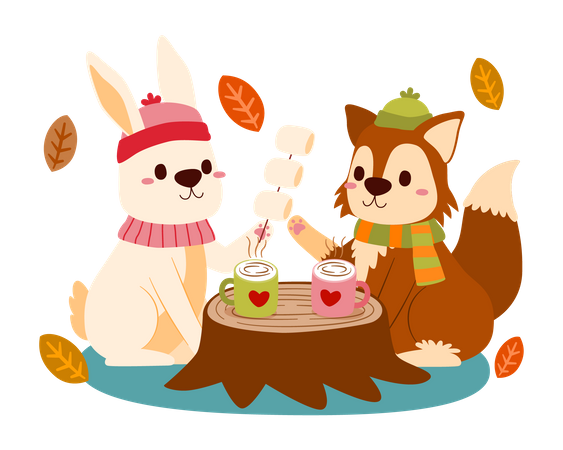 Rabbit and fox celebrate autumn season Illustration