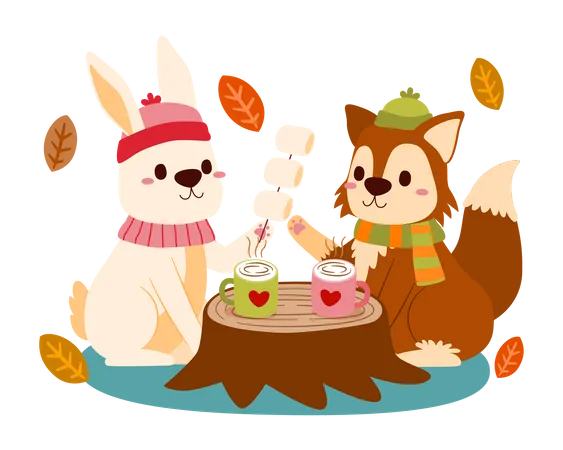 Rabbit and fox celebrate autumn season  Illustration