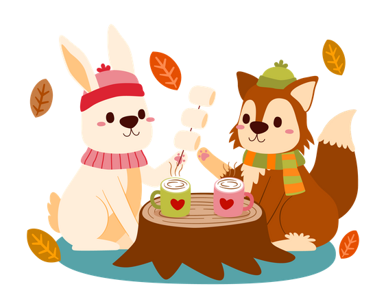 Rabbit and fox celebrate autumn season  イラスト
