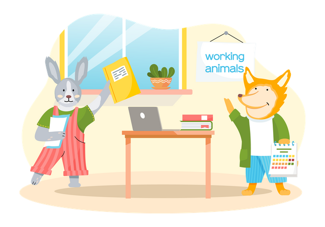 Rabbit and fox working in office Illustration