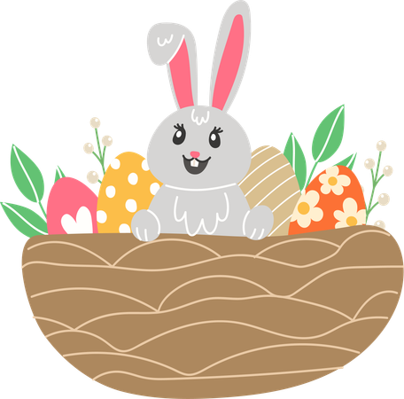 Rabbit And Painted Eggs In Nest  Illustration