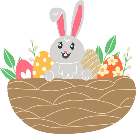 Rabbit And Painted Eggs In Nest  Illustration