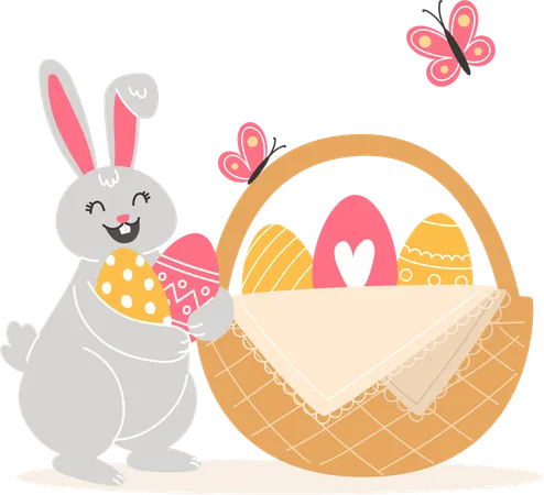 Easter Illustration With Rabbit Butterflies And Painted Eggs In Wicker Basket In Cartoon Style Illustration