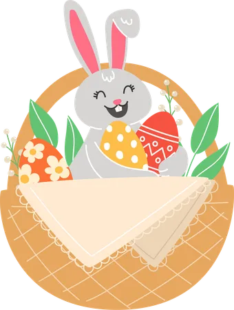 Easter Illustration With Rabbit And Painted Eggs In A Wicker Basket For The Holiday In A Cartoon Style Illustration