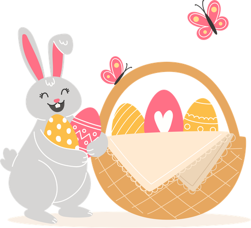 Rabbit And Painted Eggs In Wicker Basket  Illustration