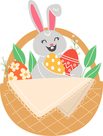 Rabbit And Painted Eggs In Wicker Basket  Illustration