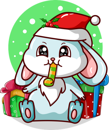 Rabbit blowing a trumpet and some Christmas presents  Illustration