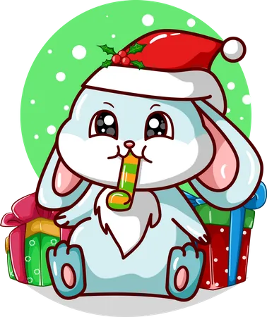 Rabbit blowing a trumpet and some Christmas presents  Illustration