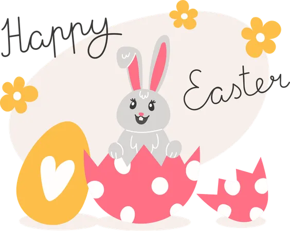 Easter Illustration With Rabbit And Painted Eggs For The Holiday In Cartoon Style Illustration