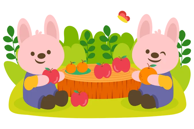 Rabbit Couple Pinic In Park They Are Enjoy To Eating Fruit Together Animal Cartoon Character Vector Illustration Illustration