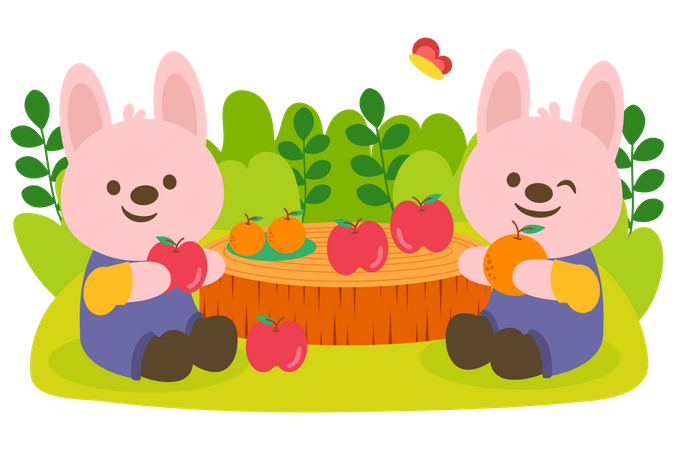 Rabbit couple picnic in park  イラスト