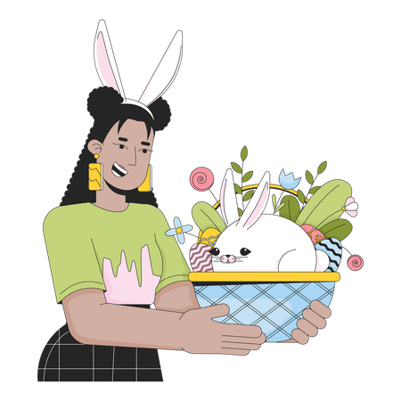 Rabbit ears woman holding Easter bunny basket  イラスト