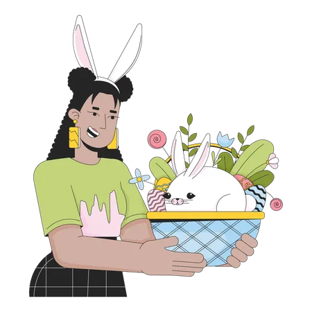 Happy Eastertide Weekend 2 D Linear Illustration Concept Rabbit Ears Woman Holding Easter Bunny Basket Cartoon Character Isolated On White Paschal Metaphor Abstract Flat Vector Outline Graphic Illustration