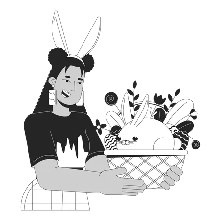 Happy Eastertide Weekend Black And White 2 D Illustration Concept Rabbit Ears Woman Holding Easter Bunny Basket Cartoon Outline Character Isolated On White Paschal Metaphor Monochrome Vector Art Illustration