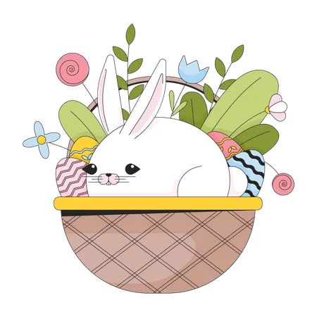 Rabbit Easter Basket 2 D Linear Illustration Concept Bunny Basket Eggs Spring Flowers Cartoon Character Isolated On White Paschal Animal Springtime Metaphor Abstract Flat Vector Outline Graphic Illustration