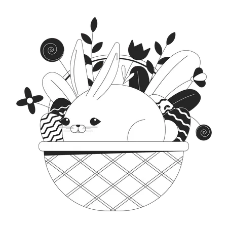 Rabbit Easter Basket Black And White 2 D Illustration Concept Bunny Basket Eggs Spring Flowers Cartoon Outline Character Isolated On White Paschal Animal Springtime Metaphor Monochrome Vector Art Illustration