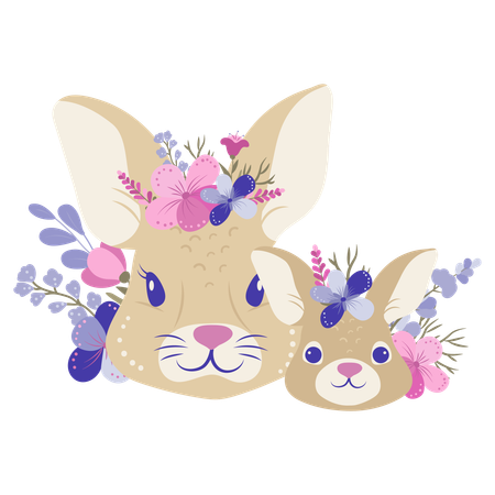 Rabbit mother and baby rabbits with flowers  Illustration