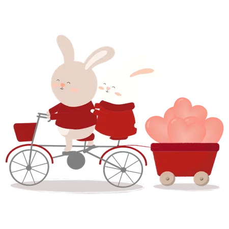 Illustration Of Two Rabbit On A Bicycle Carrying Balloon On Back For Wedding Anniversary Birthday Valentins Day Vector Illustration Isolated On White Illustration