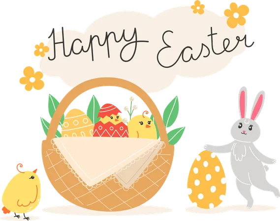 Easter Illustration With Rabbit Chickens And Painted Eggs In Wicker Basket In Cartoon Style Illustration