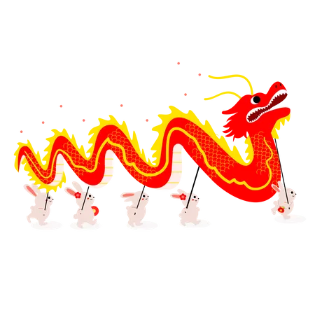 Rabbits doing traditional Chinese dragon dance  Illustration