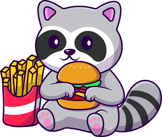 Raccoon Eating Burger And French Fries  Illustration