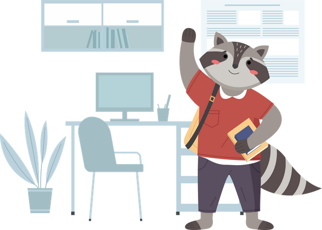 Raccoon schoolboy with notebook and waving his hand  Illustration