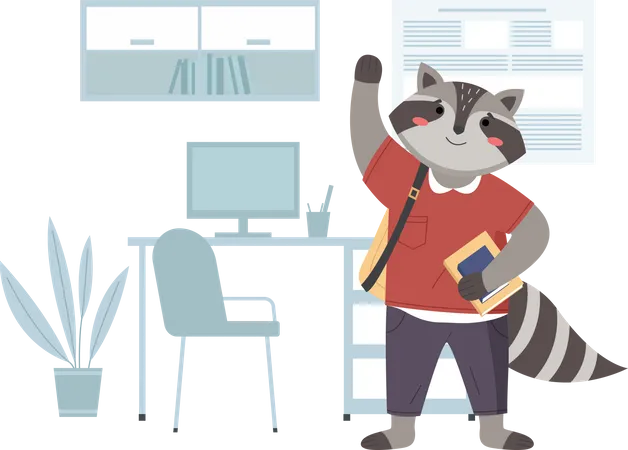 Raccoon schoolboy with notebook and waving his hand  Illustration