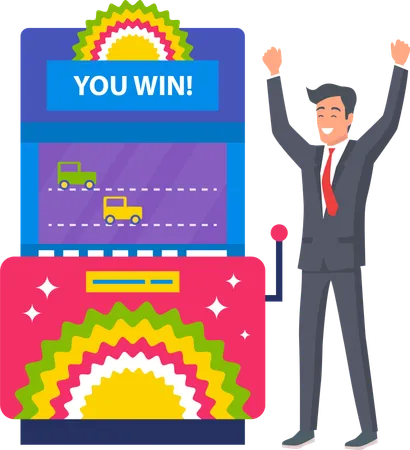 Businessman Character Winning Male Playing Race Game On Gambling Equipment Colorful Joystick Casino Entertainment Winner Man Video Game Vector Illustration