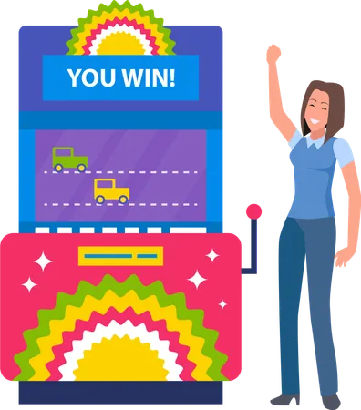 Smiling Woman Winning Race On Game Machine Female Gambler Standing Near Gambling Computer Player And Colorful Joystick Casino Entertainment Vector Illustration