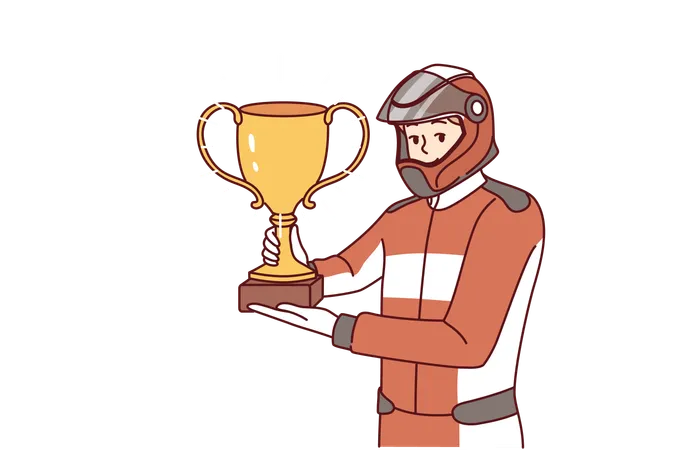 Man Racer With Golden Cup For Winning Tournament Rejoices At Receiving Championship Title In Competition Guy Driver Participant In Extreme Races On Cars Demonstrates Trophy Of Racer Illustration