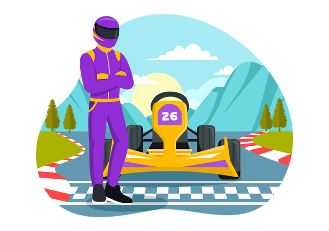 Racing man standing with racing car  Illustration