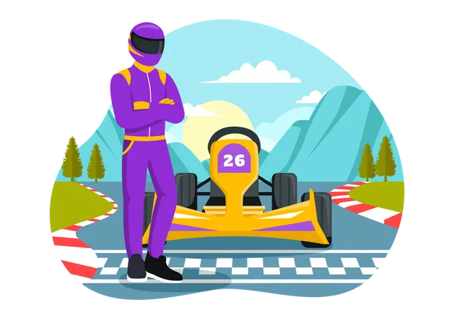 Racing man standing with racing car  Illustration
