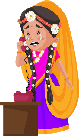 Radha chorando enquanto falava ao telefone  Ilustração