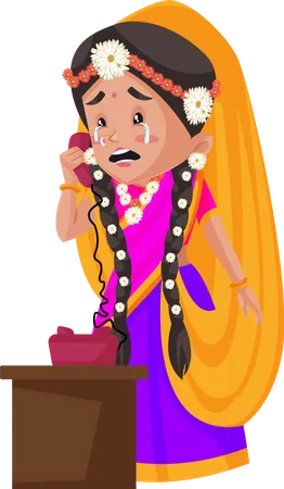 Radha chorando enquanto falava ao telefone  Ilustração