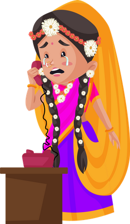 Radha crying while talking on phone  Illustration