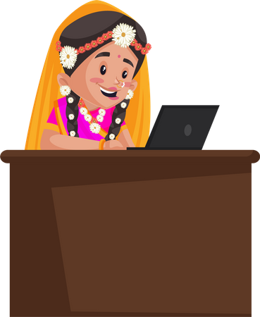 Radha travaille sur un ordinateur portable  Illustration