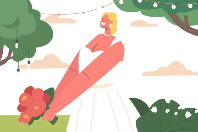 Radiant Bride Character Holding A Lush Bouquet  Illustration