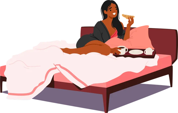 Radiant Morning Light Kisses Face Of Black Female Character As She Indulges In A Sumptuous Breakfast In Bed Woman Enjoying Crisp Croissant And Fragrant Coffee During Moment Of Blissful Serenity Illustration