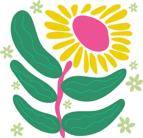 This Bright And Cheerful Illustration Showcases A Stylized Sunflower With A Large Pink Center Surrounded By Vibrant Yellow Petals Green Leaves And Subtle Floral Accents Create A Harmonious Natural Scene Illustration