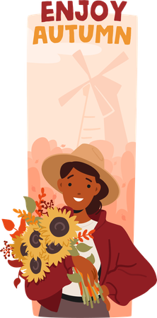 Radiant young woman cradles a vibrant autumn bouquet,  Illustration