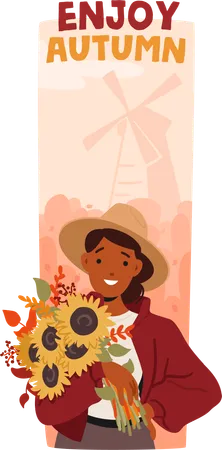 Radiant young woman cradles a vibrant autumn bouquet,  Illustration