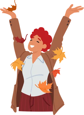 Radiant young woman joyfully tosses up vibrant autumn leaves  Illustration